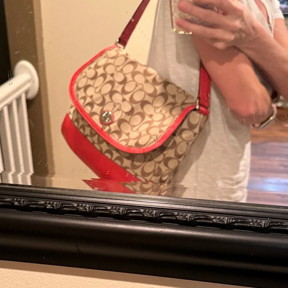 Coach Coral Red and Tan Signature Shoulder Bag